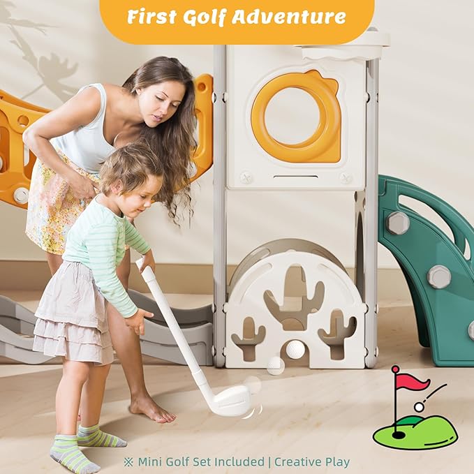 KORIMEFA 11 in 1 Toddler Slide and Swing Set, Kids Slide for Toddlers, Outdoor Indoor Playground for Toddlers 1-3, Toddler PlaySet with Basketball Hoop and Ball Golf Set, Climbing Arch(Yellow & Green)