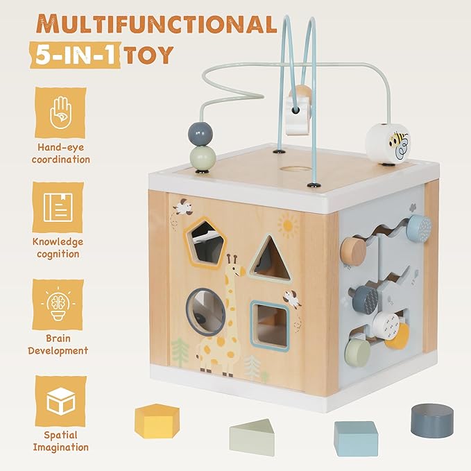 Wooden Activity Cube, 6-in-1 Montessori Toys for 1+ Year Old Boys & Girls, Educational Learning Toys for 1 2 3 Year Old Baby|Bead Maze|Shape Sorter|Mirror|Gear