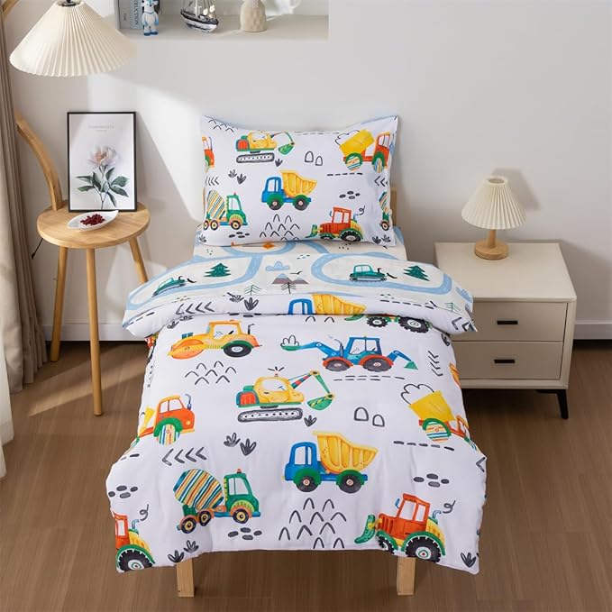 NTBED 4 Pieces Construction Toddler Bedding Set for Baby Boys,Watercolor Truck Vehicles Excavator Cars Printed, Includes Comforter, Flat Sheet, Fitted Sheet and Pillowcase,Multi