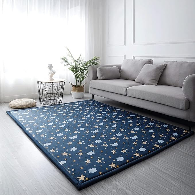 Loartee Coral Velvet Area Rug - 1" Thick Memory Foam Baby Play Mat, Washable Toddler Carpet, Home Decor for Living Room, Nursery, Kids Bedroom, Starry Blue, 4'11"x6'7"