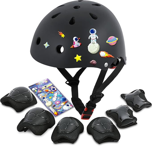 Kids Bike Helmet with DIY Stickers and Knee Pads Elbow Pads Wrist Guard Set for Ages 3-8-14 Toddler Boys Girls Helmet for Roller Skates Cycling Skateboarding Bicycle Scooter