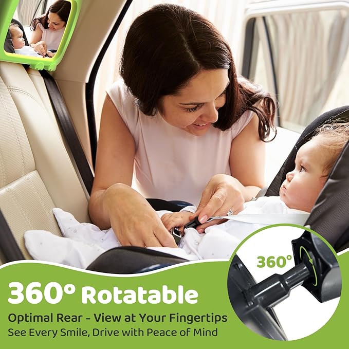 2-in-1 Baby Car Mirror with Lights & Soft Sounds, Cry Detector, Clear Night View, 360° Rotation, Shatterproof, Rear Facing Baby Car Seat Mirror with Remote Control, Perfect Baby Shower Gifts (Green)