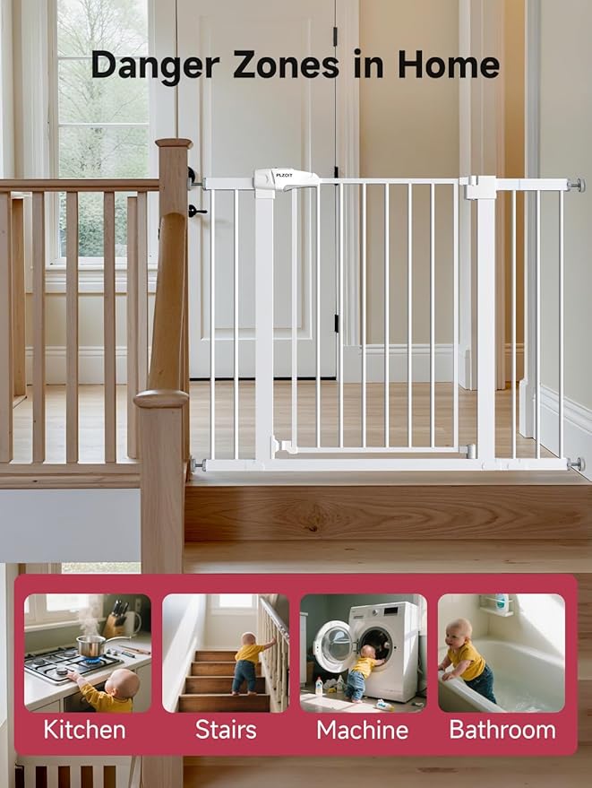 36.2" Extra Tall Baby Gate for Stairs, 29.5-46" Wide Dog Gate for Doorways, Walk Thru Auto Close Metal Child Gate for The House, Stairs and Doorways, Pet Gate Pressure Mounted Dog Gate Indoor (White)