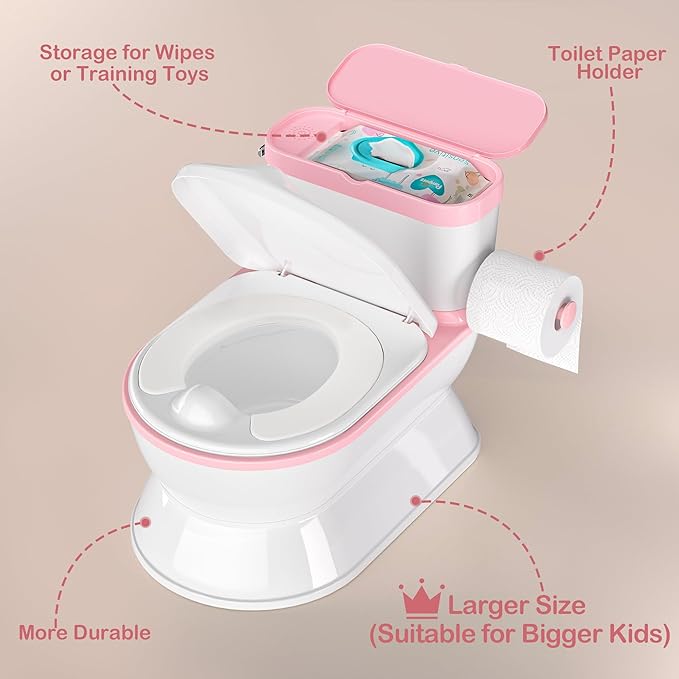 2-in-1 Toddler Potty Training Toilet - Larger Potty Chair & Detachable Training Seat for Boys & Girls Ages 1-3 with Flushing Sound, Wipes Storage, Toilet Paper Holder - Pink