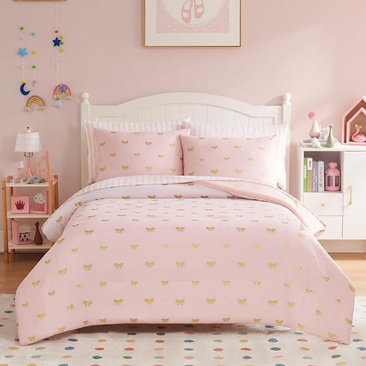 Twin Comforter Set with Sheets for Girls-5 Pieces Twin Bedding Sets with Pink Comforter, Sheets, Pillowcase & Sham for Kids (Pink Gold Bow, 66" X 86")