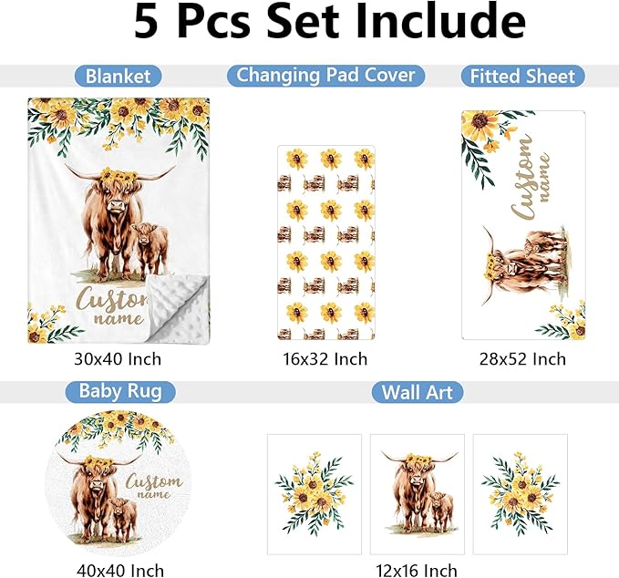 Personalized Baby Crib Bedding Set, 5 Pcs Custom Name Bedding Set, Double Layer Nursery Bedding Set for Boy Girl, Highland Cow Baby Crib Set, Gift for Toddlers Infants New Parents
