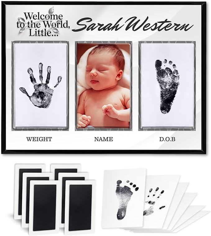 Baby Hand and Footprint Kit with Photo & Birth Details, Inkless Hand and Footprint Kit, Newborn Keepsake Plaque, Baby Shower Gifts (STYLE 1 (Fully Personalized) (Welcome To The World) (Neutral))