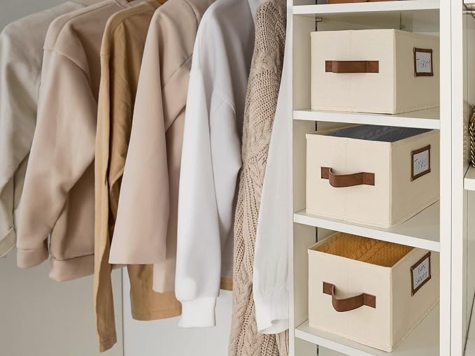 StorageWorks Storage Baskets for Shelves, Foldable Fabric Closet Storage Bins with PU Handles, Fabric Storage Bins Clothes Organizer, Ivory White, 3-Pack, Small