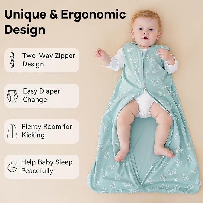 Baby Sleep Sack 6-12 Months 0.5 Tog Wearable Blanket Baby, 3 Pack 100% Cotton Lightweight Sleeping Sack with 2-Way Zipper for Newborn Infant Apricot Gray Green Elephant
