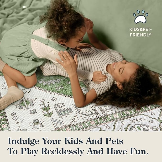 Lahome Boho Green Machine Washable Living Room Rugs - 3x5 Area Rugs for Bedroom Non-Slip Ultra-Thin Entryway Rug, Vintage Print Throw Indoor Carpet Rug for Office Kitchen (Green, 3'x5')