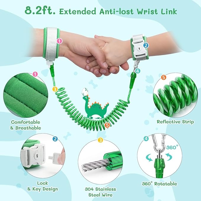 Dr.meter 3 in 1 Toddler Harness Leash + 8.2ft Anti Lost Wrist Link, Cute Dinosaur Kids Safety Harness Tether with Key Lock, Child Protective Leashes While Walking for Outdoor Activity Keep Kids Close