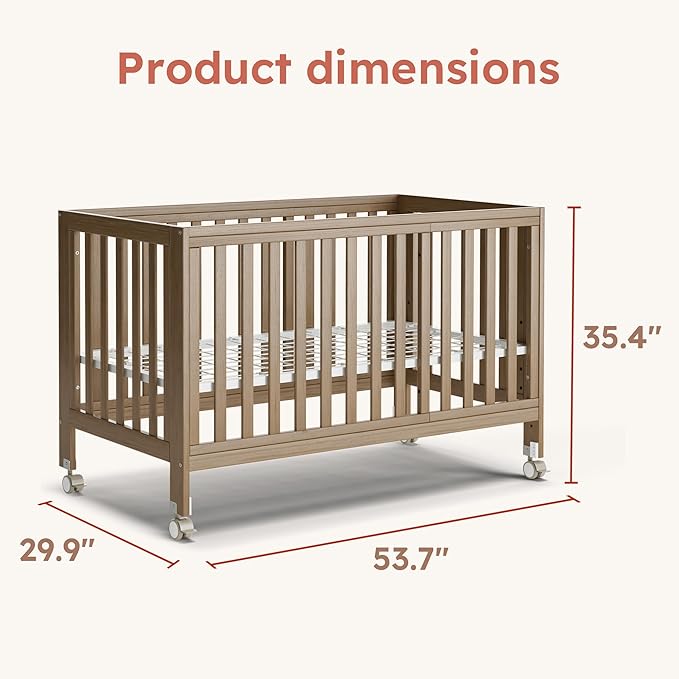 EvoNest Baby Crib, 11 in 1 Convertible Mini Crib with Wheels, 100% New Zealand Wood Growing Bed, 4 Adjustable Mattress Height ，Walnut Brown