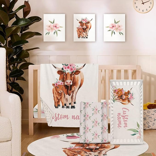Personalized Nursery Crib Bedding Set: Custom Name Pink Flower 5 Piece Baby Crib Sets with Highland Cow Pattern - Toddler Double Layer Blanket Set, Comfortable Crib Bed Sheets for Baby Grils