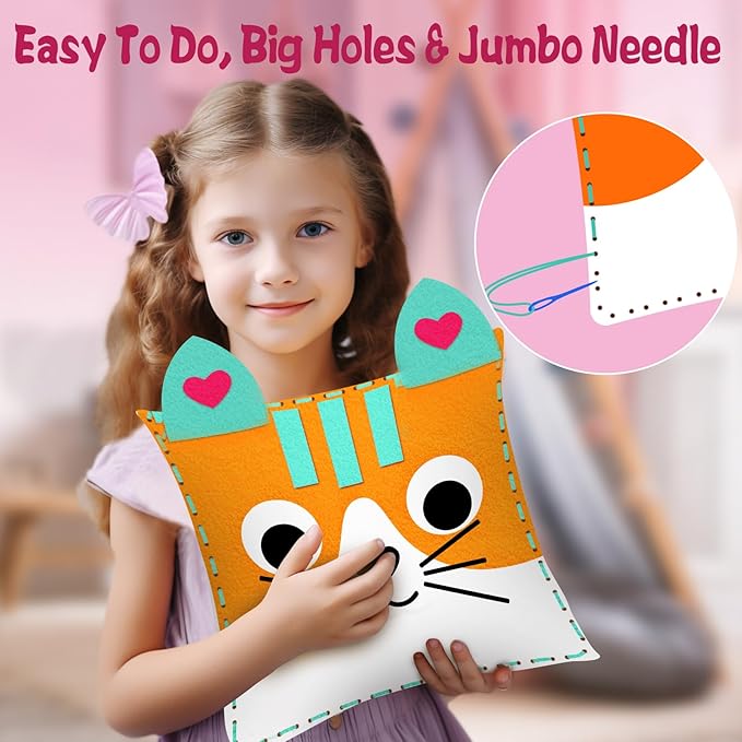 MEGUO Sewing Kit for Kids,Beginner Arts and Crafts, 8 Easy DIY Handbag and Ornaments, Christmas Birthday Gifts Presents Toys for Girls 4-12, Learn to Sew/Embroidery,Parent-Child Interaction