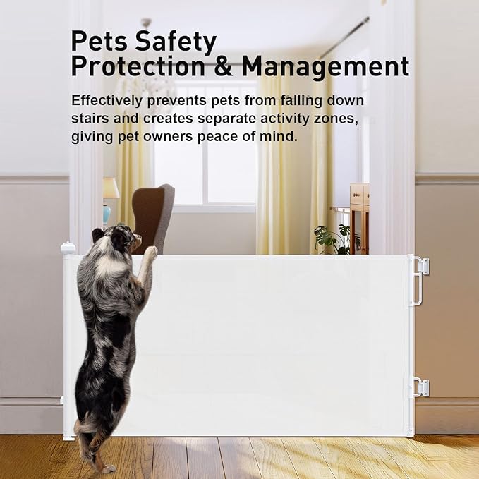 Cumbor 2-Pack Retractable Baby Gates for Stairs, 55" Wide Soft Mesh Pet Gate for Dogs with One Hand Opening, 34" Tall Toddler Gate with Top Lock for Bedroom, Doorways, Indoor/Outdoor, White