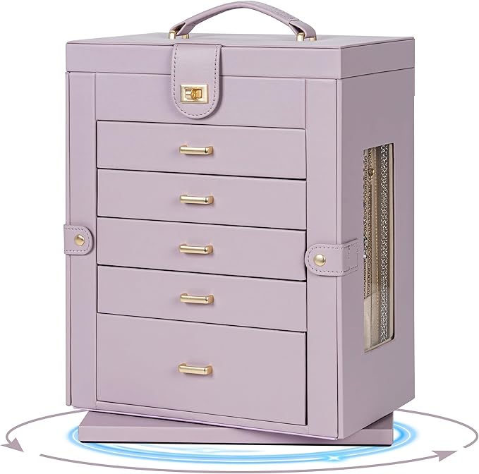 AKOZLIN 360° Rotating Jewelry Box 6-Tier Organizer Functional Jewelry Storage Case for Women Girls Ring Necklace Earring Bracelet Holder with Mirror Purple