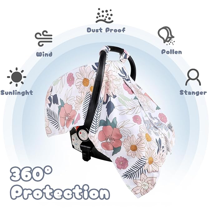 Car Seat Cover Baby, Infant Car Seat Canopy Covers for Newborn Girls Boys, Soft Breathable Minky Carseat Covers Stretchy Multi-Use Nursing Cover for Stroller Baby Car Seat, Daisy Flroal