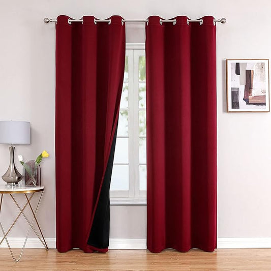 ChrisDowa 100% Blackout Curtains 72 inch Long for Bedroom with Black Liner, 2 Thick Layers Total Blackout Thermal Insulated Grommet Window Curtains 2 Panels Set (Burgundy, 42 x 72 Inch)