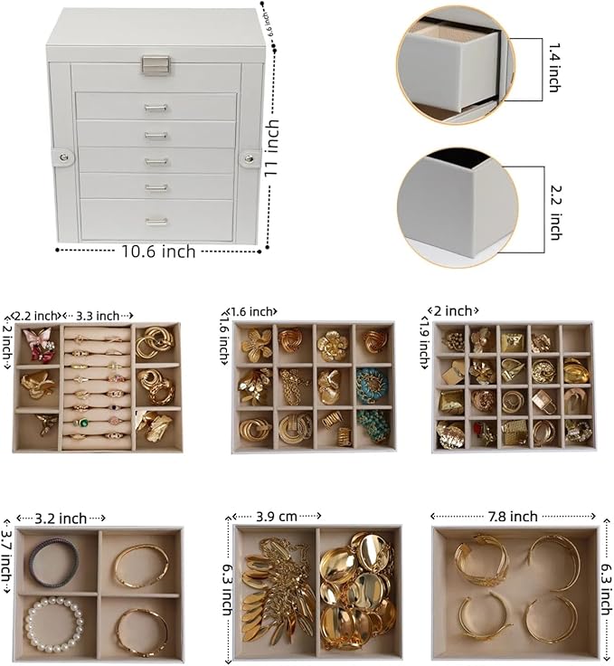 BOOVO Jewelry Box For women, 6 Layer Large Jewelry Organizer With Mirror, Multi-Function Storage Box With Lock, Necklace Holder With 5 Drawers, For Earrings Necklace Bracelet (Silver and Grey)