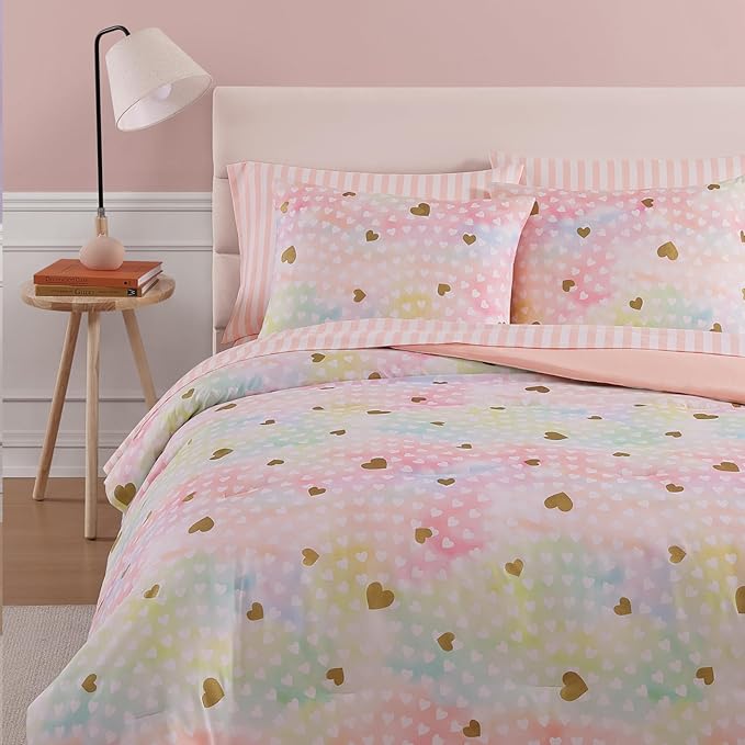 Queen Comforter Set with Sheets for Girls-7 Pieces Queen Bedding Sets with Pink Comforter, Sheets, Pillowcases & Shams for Kids (Colorful Gold Heart, 90" X 90")