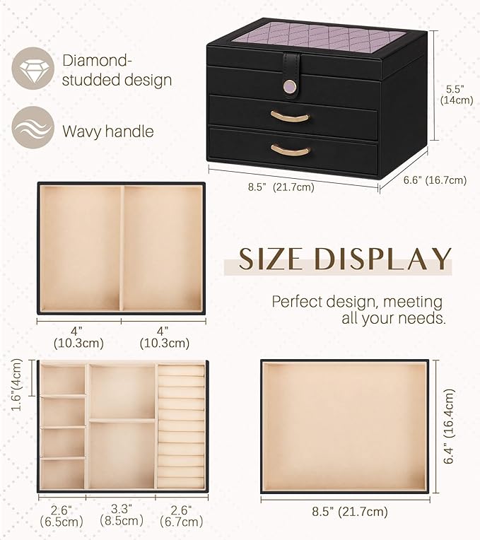 Black Jewelry Box Organizer: Home Decor for Women - 2-Drawer Holder for Valentine’s Day Birthday Christmas Black Grey-Purple