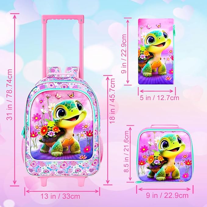 Girls Rolling Backpack, Cute Turtle Roller Wheels Kids Bookbag - Wheeled Elementary School Bag - 3PCS Turtle