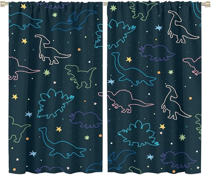 Cartoon Colorful Dinosaur Curtains for Kids Boys Girls Home Decor, Astronaut Funny Outer Space Star Blackout Rod Pocket Window Drapes for Bedroom Living Room W36xL63in 2 Panels