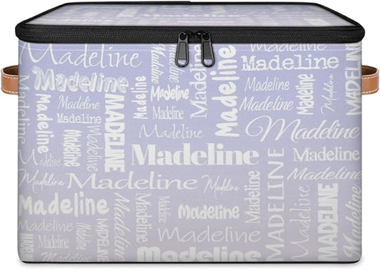 Custom Storage Basket with Name, Personalized Storage Bins with Zipper Lid, Foldable Fabric Storage Box Large capacity with Handle Purple White