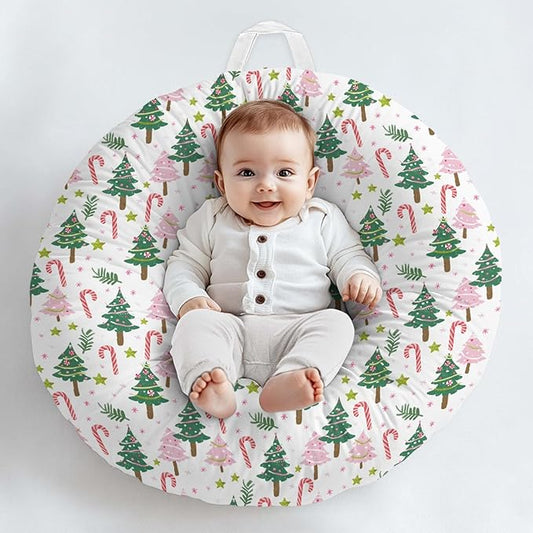 Cartoon Winter Christmas Tree Stars Leaves Pattern Baby Lounger Cover, Unisex Removable Infant Newborn Snug Fit Floorseat Sleeping Lounger Slipcover for Boys Girls Lounger Pillow, Cover Only-24*26