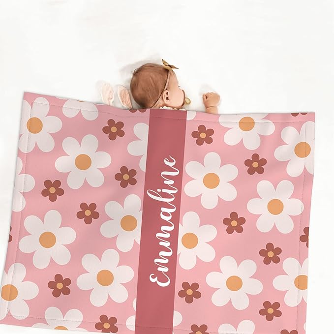 Custom Name Crib Bedding Set for Baby Girls – Personalized Pink Flower 3-Piece Nursery Bedding with Blanket, Fitted Sheet & Pillowcase – Baby Infant Toddler Shower Gift