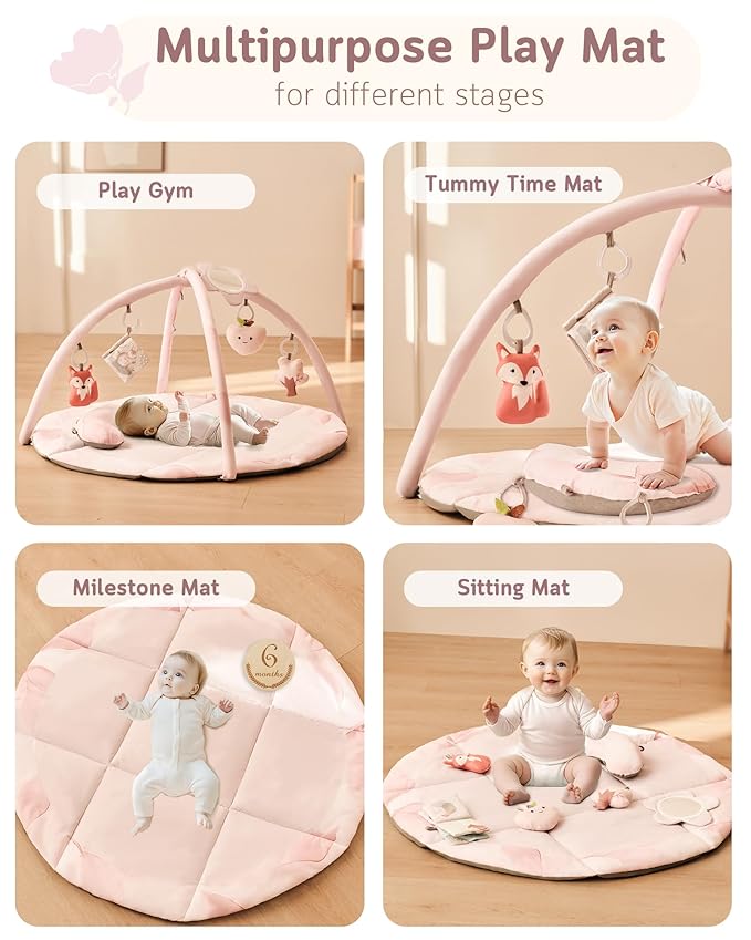 Fortella Baby Play Gym & Activity Mat, Tummy Time Mat w 5 Detachable Toys and Pillow, Large Sensory Playmat for Floor, Newborn Infant Baby Essentials Shower Gift 0-3-6-9-12 Months (Rose Pink)