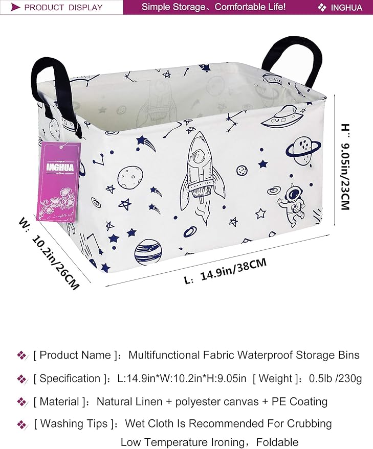 Rectangular Storage Basket Fabric Organizer Bin for Toys,Books,Clothes,Gifts,Pets-Perfect for Home,Office,Nursery,Dorm,Shelf(Rec Spaceships)