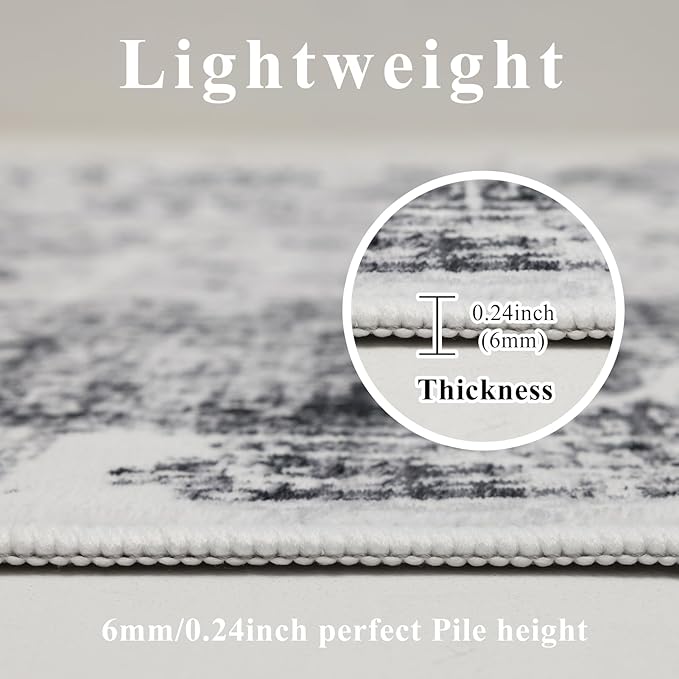 9x12 Area Rug Living Room Rugs, Stain Resistant Washable Rug, Vintage Large Non-Slip Backing, Low Pile Lightweight Print Rug for Bedroom Dinning Room Home Office (White/Grey)