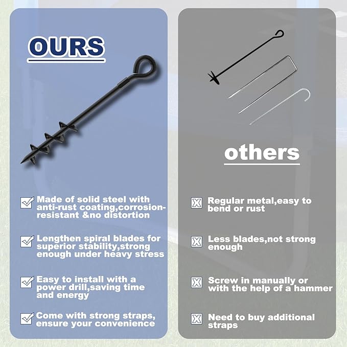 Eurmax USA Trampoline Stakes Screw in Tent Stakes Parts Heavy Duty for Canopies,4-Pack Outdoor Anchor Kit with Straps(Black)