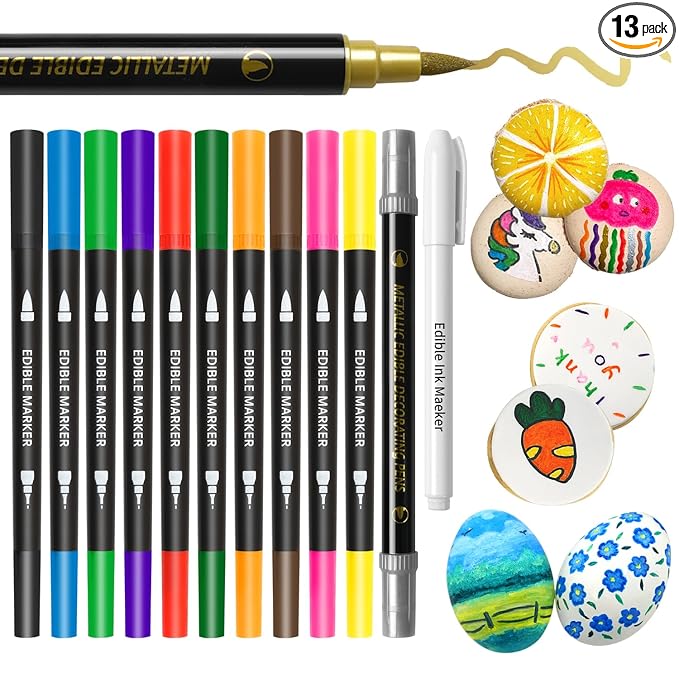 Edible Markers, Colorful Metallic Gold Food Coloring Pens, 13 pcs Writer with Brush Tip for Decorating Cookies, Fondant, Gum paste, Icing, Macarons, DIY Easter Eggs, Marshmallows, Fruits.
