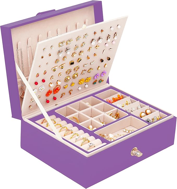 Girls Jewelry Box for Earrings Jewelry Organizer Box Teen Girls Earrings Organizer Jewelry Box with Earring Holder Organizer Stud Earring Box for Girls Womens Jewelry Case Organizer Purple