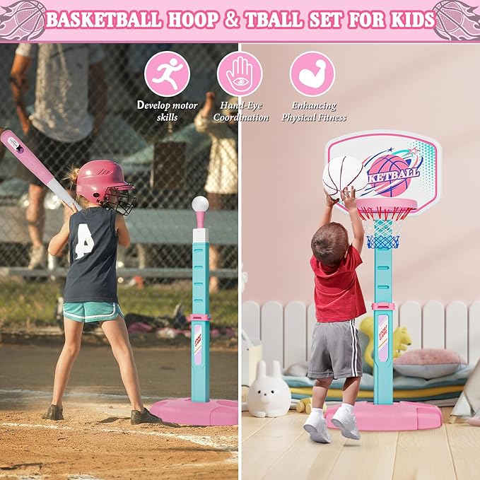 3 in 1 Basketball Hoop and Tee Ball Set for Girls: Baseball Tee with Automatic Pitching Machine Adjustable Height Outdoor and Indoor Sports Toys Christmas Birthday Gift for Kids Age 1-8 Year Old Pink