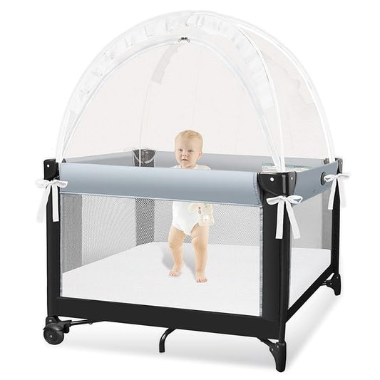 Pack N Play Tent - Mini Crib Tent to Keep Baby from Climbing Out - Crib Net to Keep Baby in - Pop Up Breathable Cribs Cover - Canopy with Upgrade Strong Mesh and Durable Zipper (White, Small)