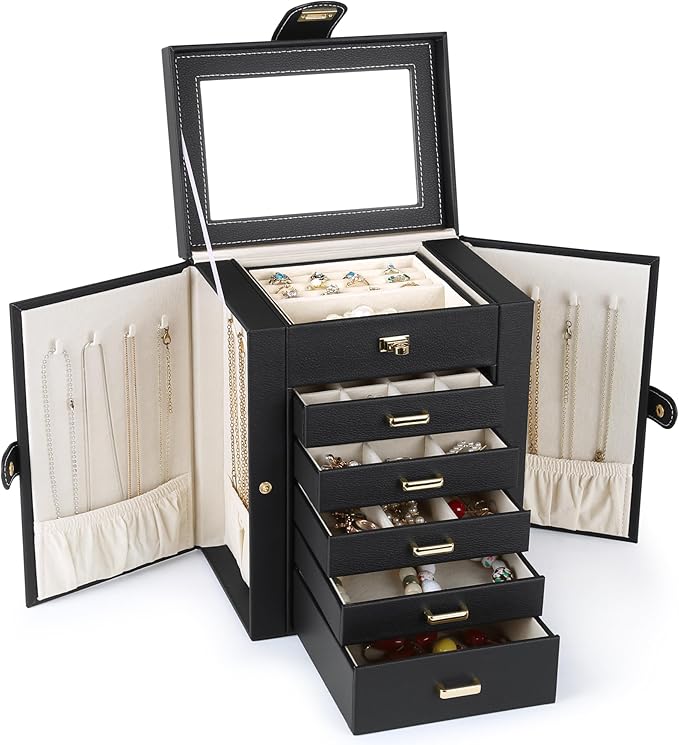 Kendal Jewelry Box, 6-Layer Jewelry Storage Organizer for Necklace Bracelet Rings Watch, 10.2"x8.2"x6" Classic Black PU Leather 5 Drawers Large Storage Capacity with Mirror