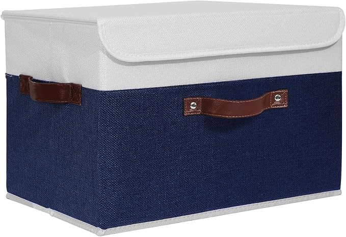ANMINY Storage Boxes with Lids Washable Decorative Storage Bins Basket with PU Leather Handle Foldable Linen Fabric Storage Cubes Containers for Home Closet Organizer - Deep Blue White, Large Size