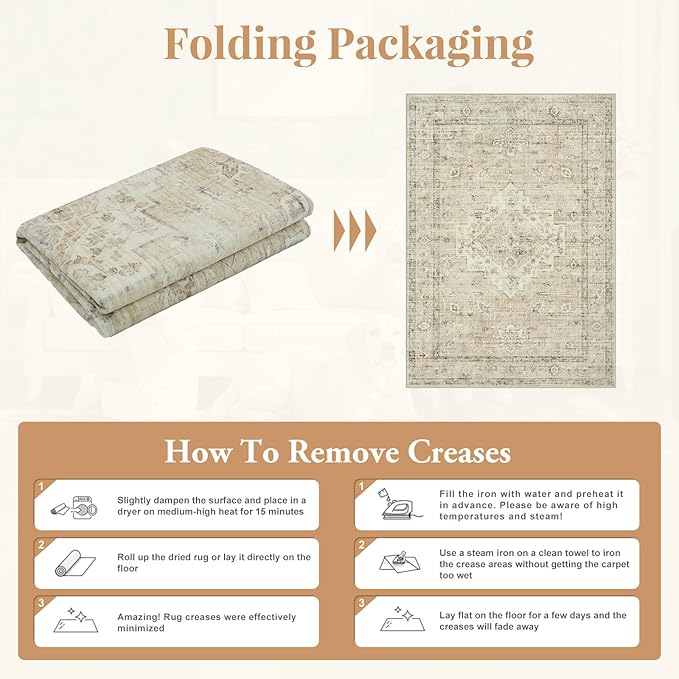 LIVEBOX Washable Area Rug 10x14 Rugs for Living Room Bedroom, Non-Slip Boho Neutral Carpet for Dining Room Office, Low-Pile Farmhouse Soft Carpets for Kids Nursery Room Playroom, Tan