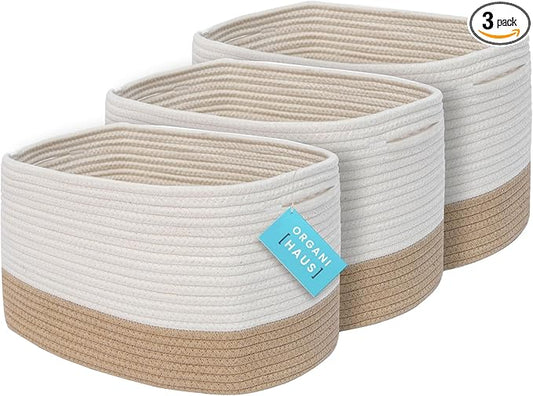 OrganiHaus Set of 3 Storage Baskets for Shelves, Cotton Rope Basket for Decor, Shoe Basket Organizers & Storage, Decorative Storage Baskets & Bins, Cute Storage Basket for Toys & Cloths, Honey