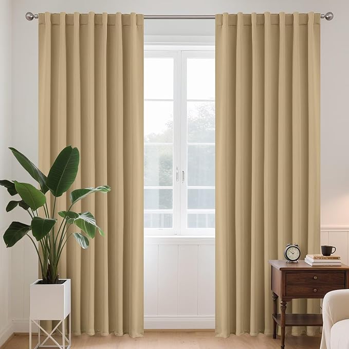 Joydeco White Blackout Curtains 96 Inches Long for Bedroom, Curtains 96 Inch Length 2 Panels Set, Room Darkening Curtains & Drapes for Living Room Window (W52 x L96 Inch, Beige)