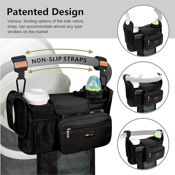 TOPDesign Universal Baby Stroller Organizer, Stroller Caddy with Detachable Mesh Bag & Heightened Insulated Cup Holders & Non-Slip Secure Hooks Accessories, Fits Most Strollers (Dino Fossils)