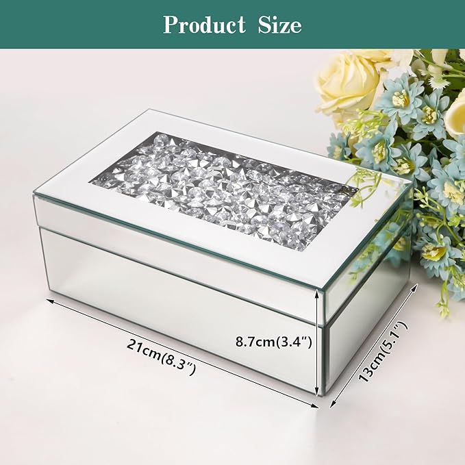Luxury Mirrored Jewelry Box with Crushed Diamond - Glass Jewelry Box Organizer Storage for Women, Ring Holder Case for Dresser and Decorative