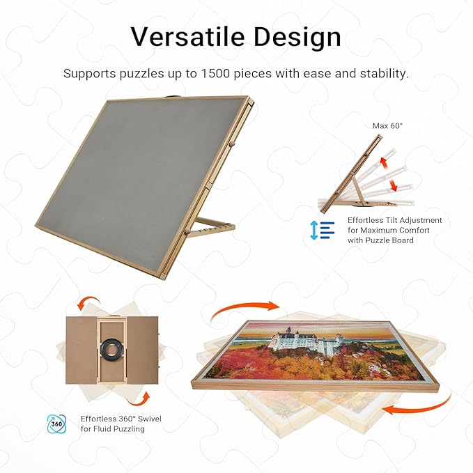 Elegant Wood Grain 2-in-1 Rotating & Tilting Puzzle Board 1500 Pieces, 36"x26" Wooden Board with Drawers, Lazy Susan Base, Cover, Storage Trays & Handle, Gift for Adults & Seniors