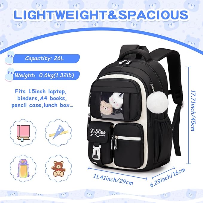 Kids Backpack for Girls - School Bags for Middle School Students - Book Bag for Elementary Primary - Kawaii Ita Backpack - Black and Beige