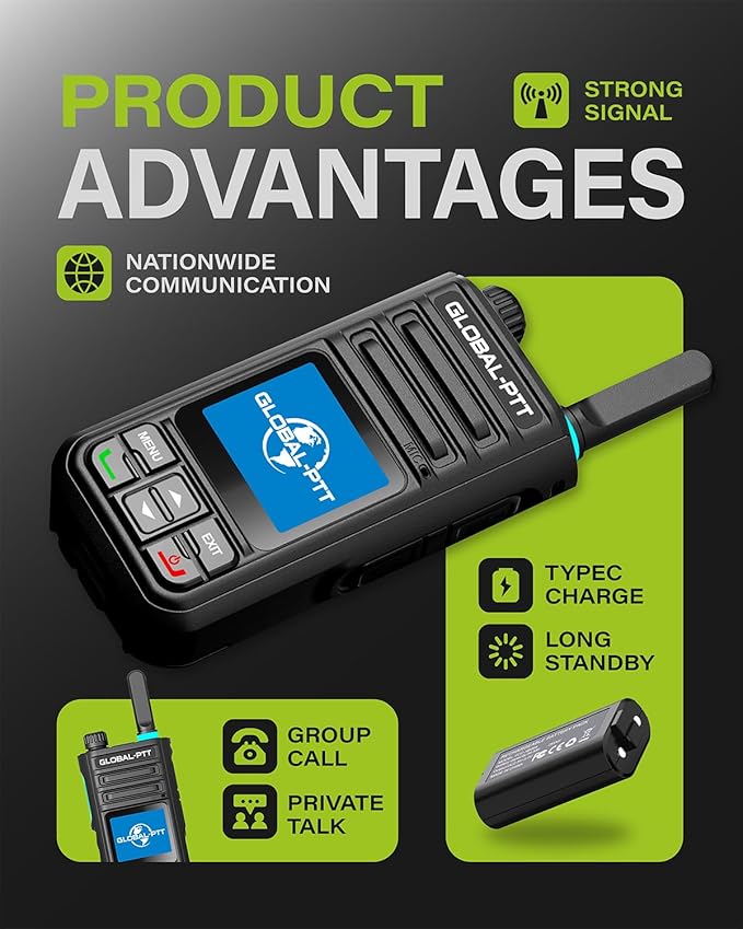 Global-PTT G9 4G LTE Walkie Talkies Nationwide Coverage for Adults and Kids – 2 Pack Unlimited Long Range PoC Radios with Free 1-Year SIM