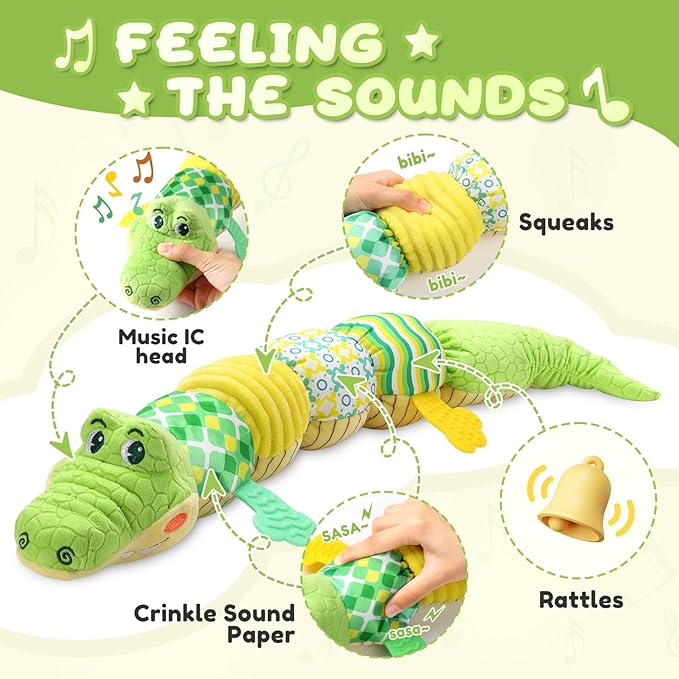 Baby Toys 0 to 12 Months, Musical Stuffed Animals Activity Soft Toy with Multi-Sensory Crinkle, Rattle and Textures, Infant Tummy Time Toys for Newborn Boys Girls, Crocodile, Green