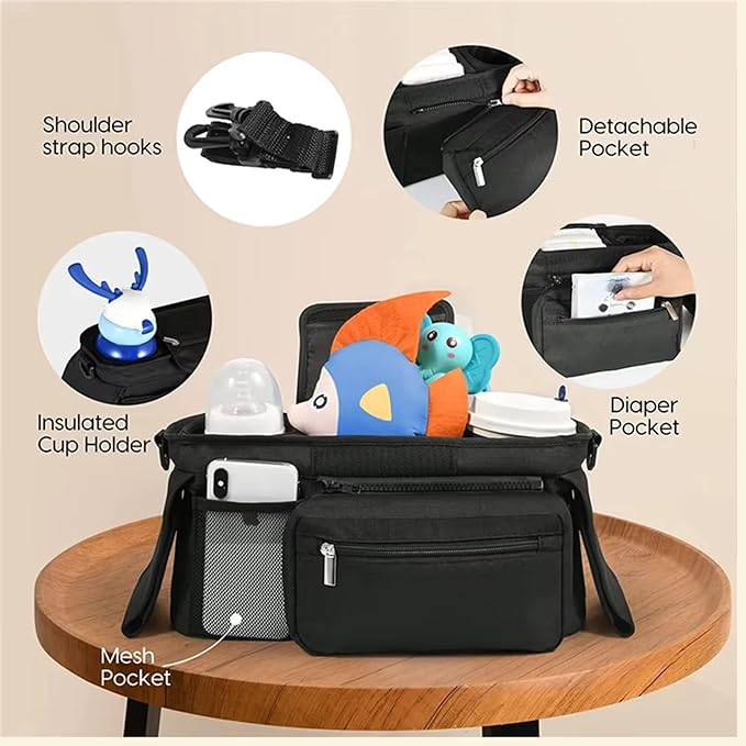 Universal Stroller Organizer with Insulated Cup Holder, Detachable Phone Bag, Shoulder Strap – Fits All Stroller Types, Keeps Drinks Hot/Cold (Black)